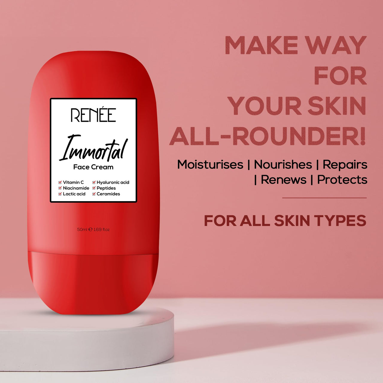 RENEE Immortal All-in-One Face Cream - Brightens, Repairs Skin, Reduces Spots & Fine Lines with Vitamin C, Niacinamide, Lactic Acid, Hyaluronic Acid, Peptides, Ceramides