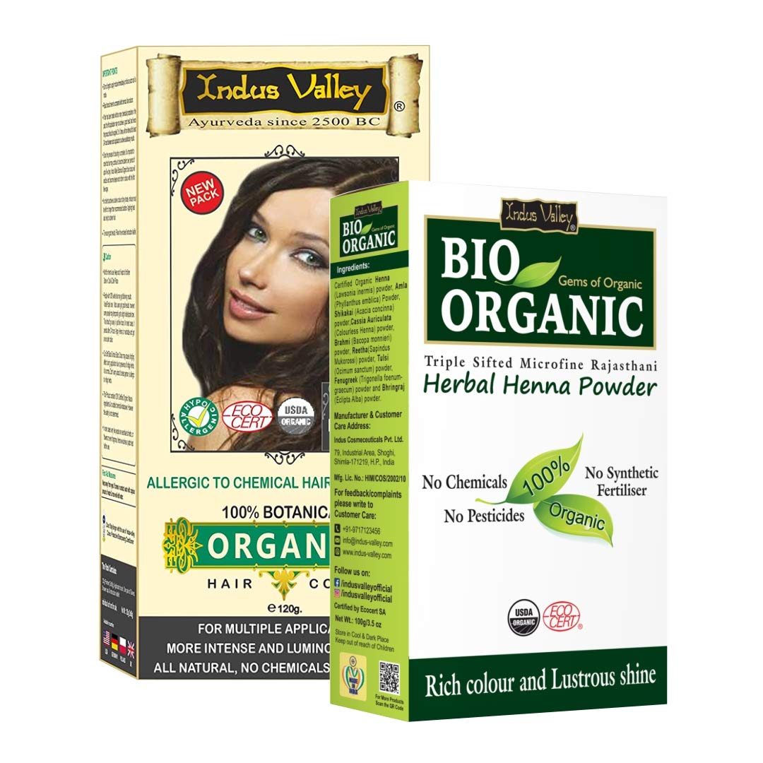 INDUS VALLEY 100% Organic Doctor Recommended Dark Brown Hair color With Organic Henna (120g+100g=220g)