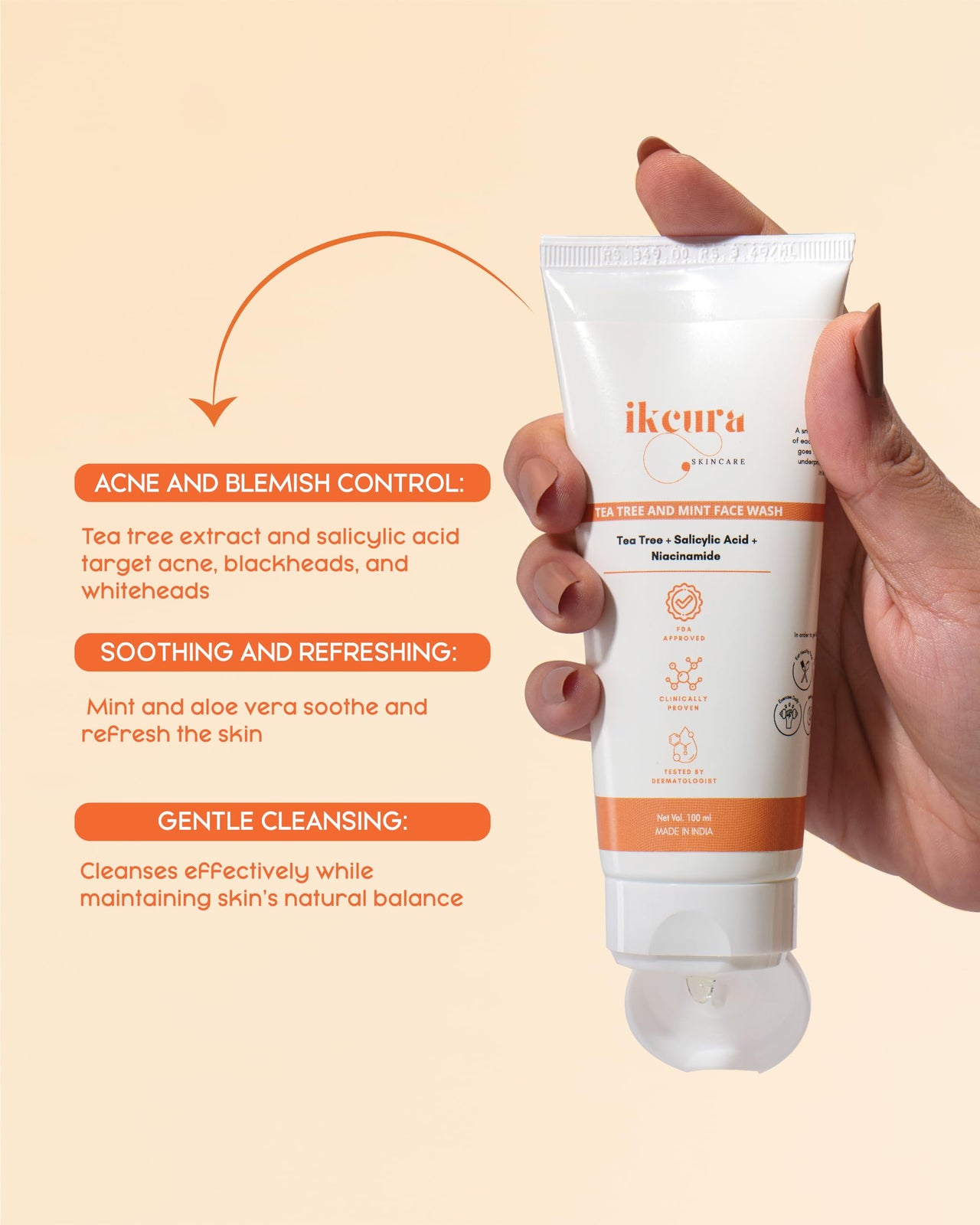 Ikcura Tea Tree and Mint Face Wash, Mint and Tea Tree Leaf, 1% Salicylic Acid, Niacinamide l Gentle Cleansing, Glowing Skin, Soothing & Refreshing, Acne and Blemish Control, 100ml