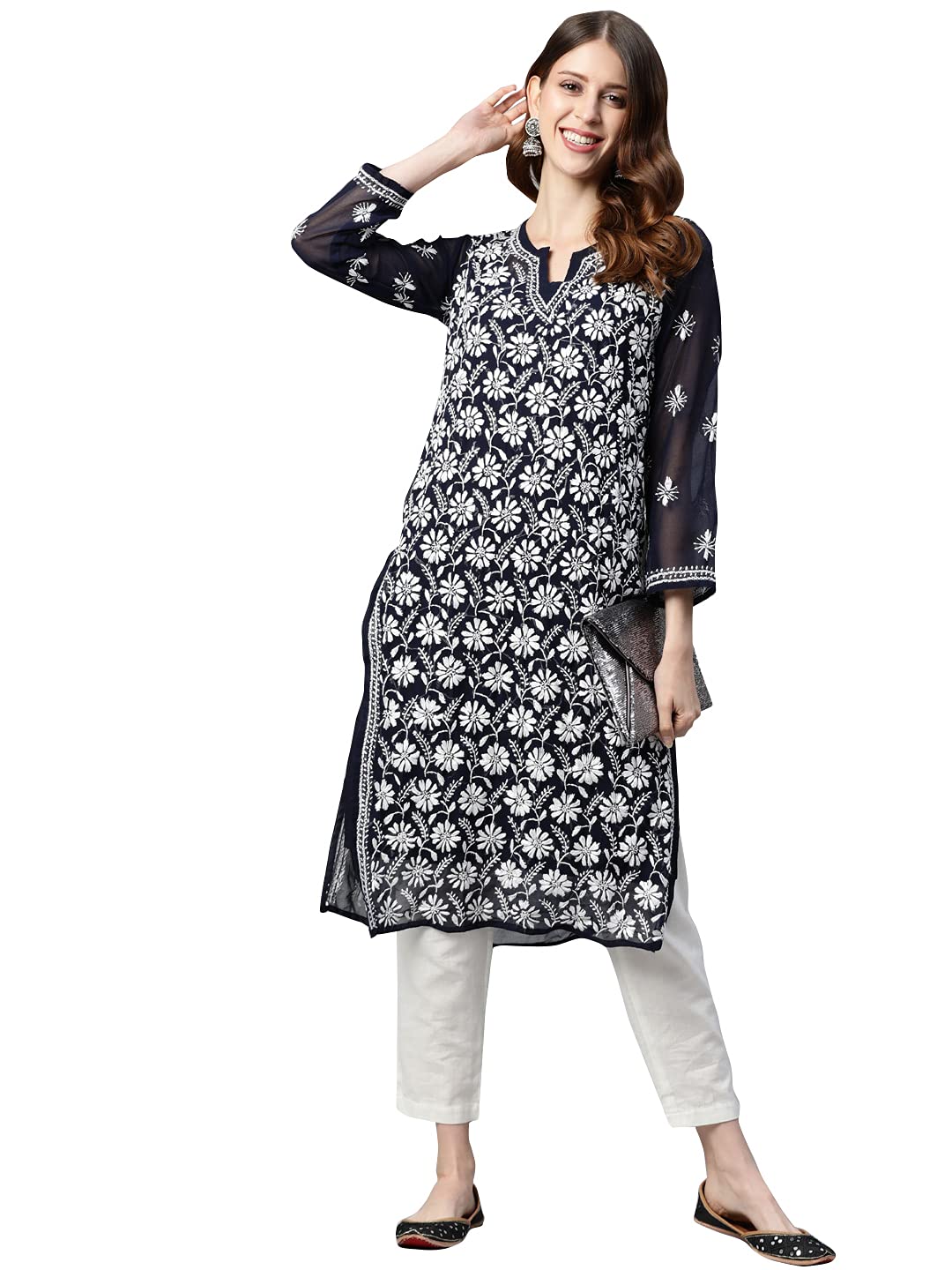 Ada Lucknowi Hand Embroidered Traditional Chikankari Georgette Kurta Kurti with Slip for Women