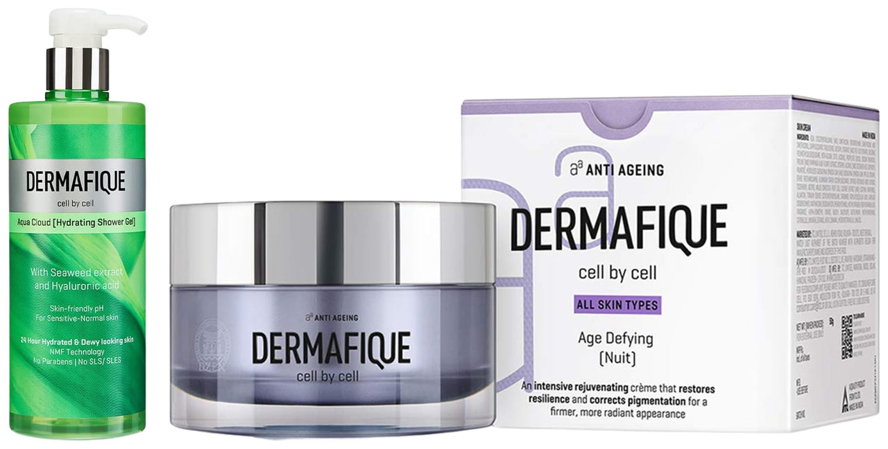 Dermafique Age Defying Nuit Cream – 50g Aqua Cloud Hydrating Shower Gel – 500ml Body Wash with Seaweed Extracts Hyaluronic Acid Suitable for Sensitive Normal Skin