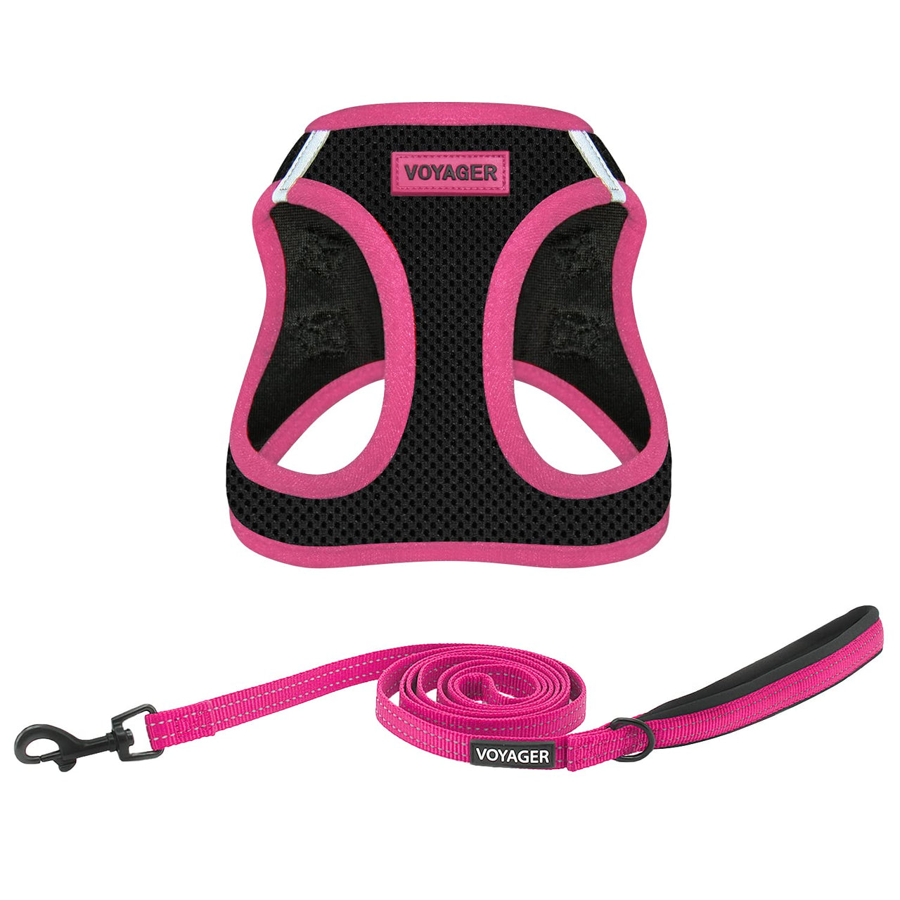 Voyager Step-in Air All Weather Mesh Harness and Reflective Dog 5 ft Leash Combo with Neoprene Handle, for Small, Medium and Large Breed Puppies by Best Pet Supplies - Black/Pink Trim, Medium