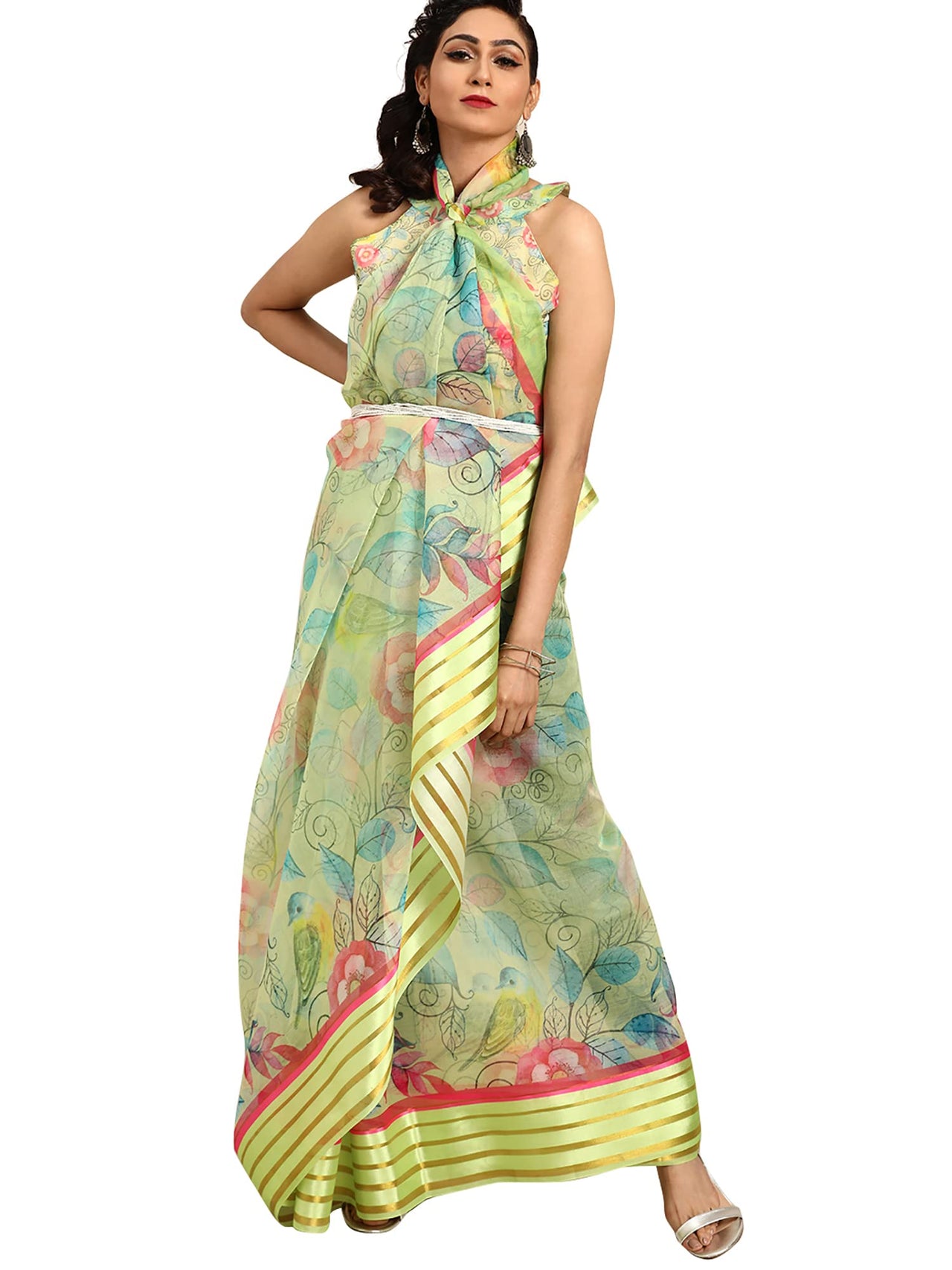 AKHILAM Women's  Knit Floral Printed Organza Saree with Unstitched Blouse Piece (FF0SAGE10_Parent)