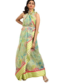 AKHILAM Women's  Knit Floral Printed Organza Saree with Unstitched Blouse Piece (FF0SAGE10_Parent)