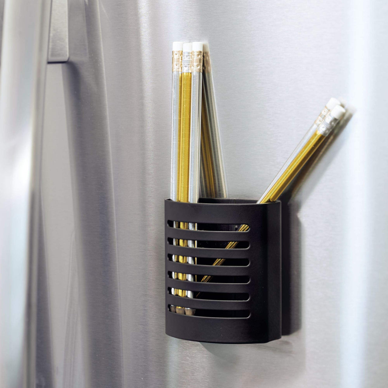 iDesign Forma Magnetic Metal Modern Pen and Pencil Holder, Writing Utensil Storage Organizer for Kitchen, Locker, Home, or Office, 3.25" x 1.75" x 3.5" - Matte Black Pencil Cup