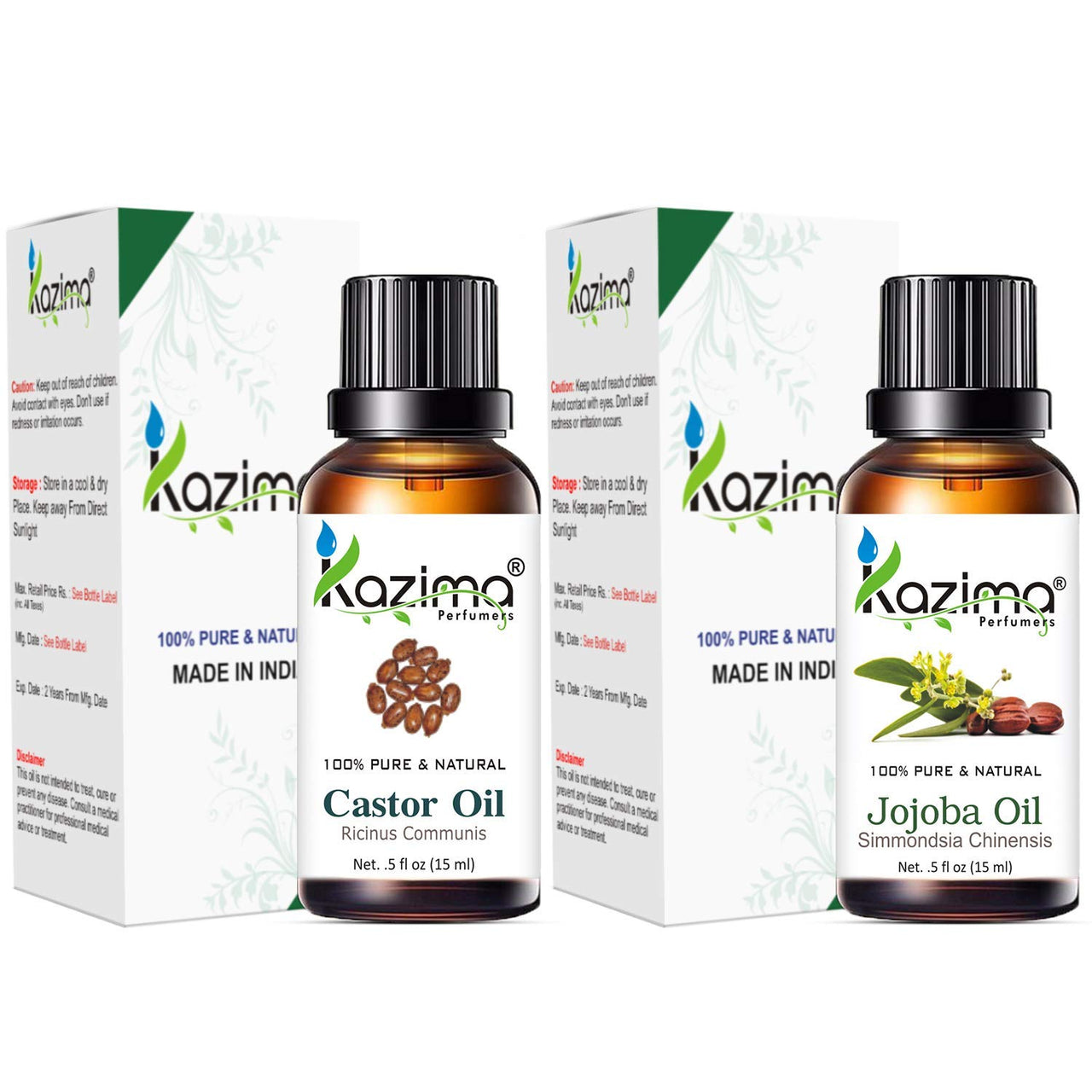 KAZIMA Combo of Cold Pressed Castor Carrier Oil and Jojoba Carrier Oil for Hair, Skin and Body, 15 ml each