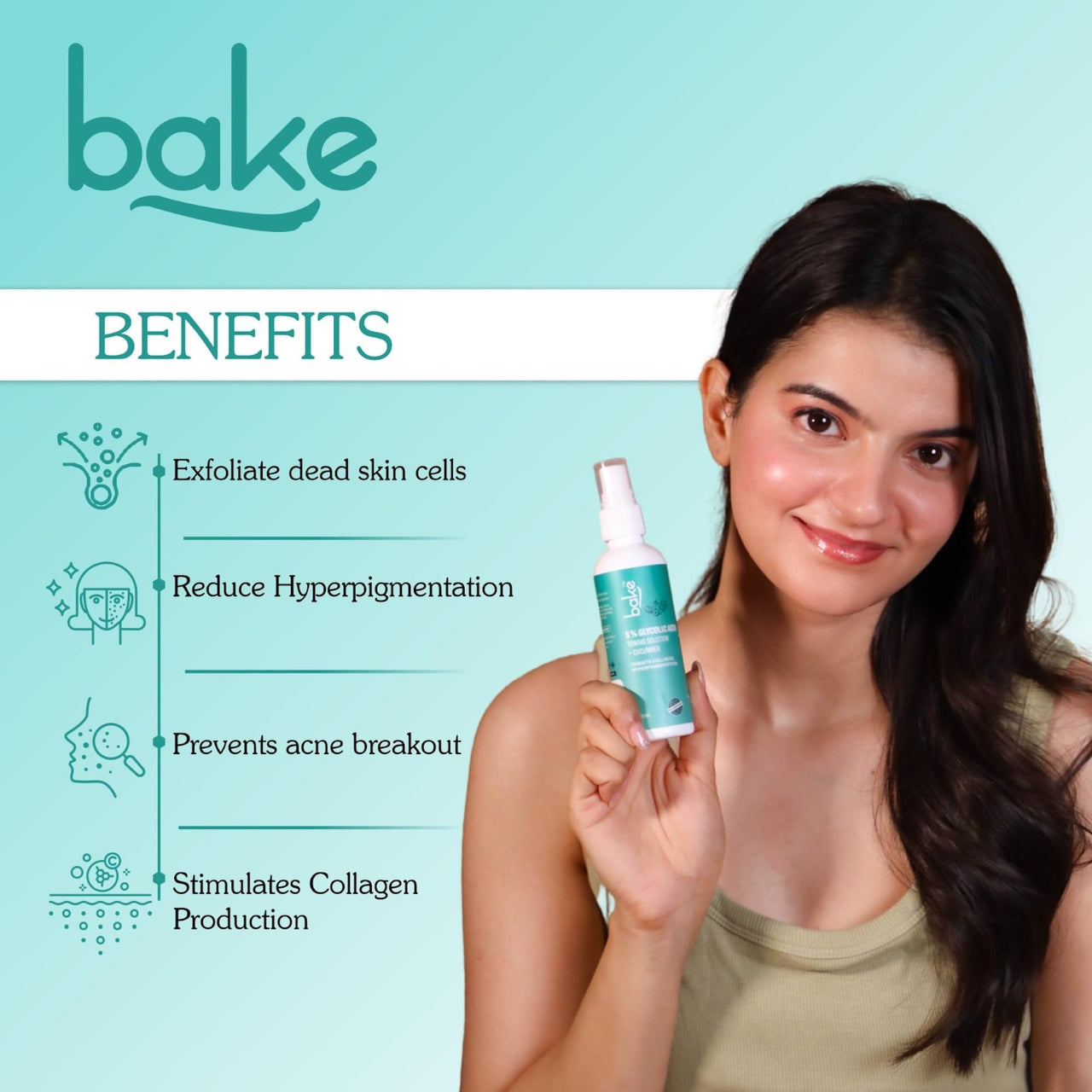 BAKE 5% Glycolic Acid Toner with Hyaluronic Acid for Pigmentation, Tan Removal & Pore Tightening | For Combination skin, Oily, Acne Prone skin | Glowing & Brightening Skin | 100ml
