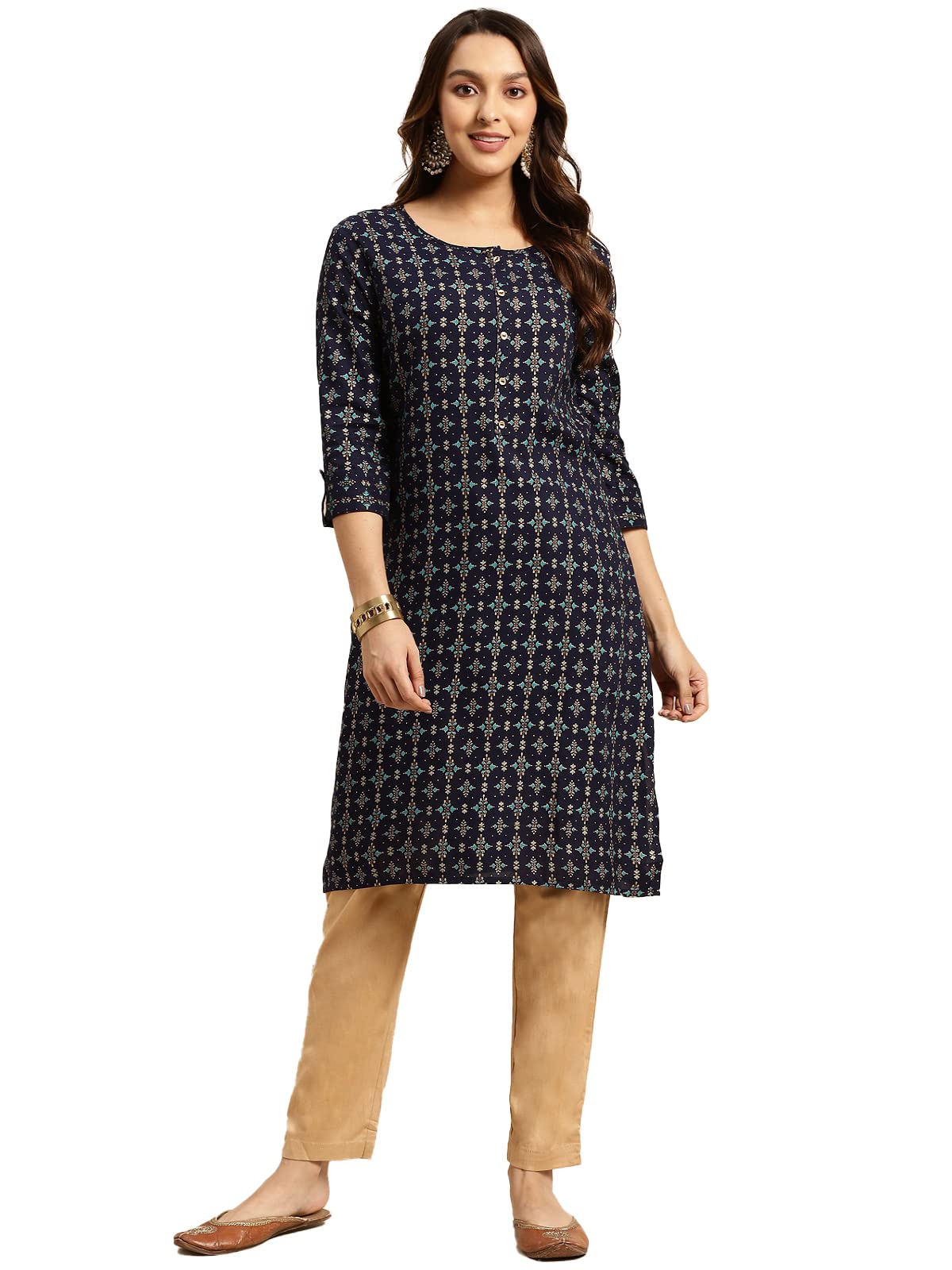 rangita Women Rayon Gold Printed Calf Length Straight Kurti