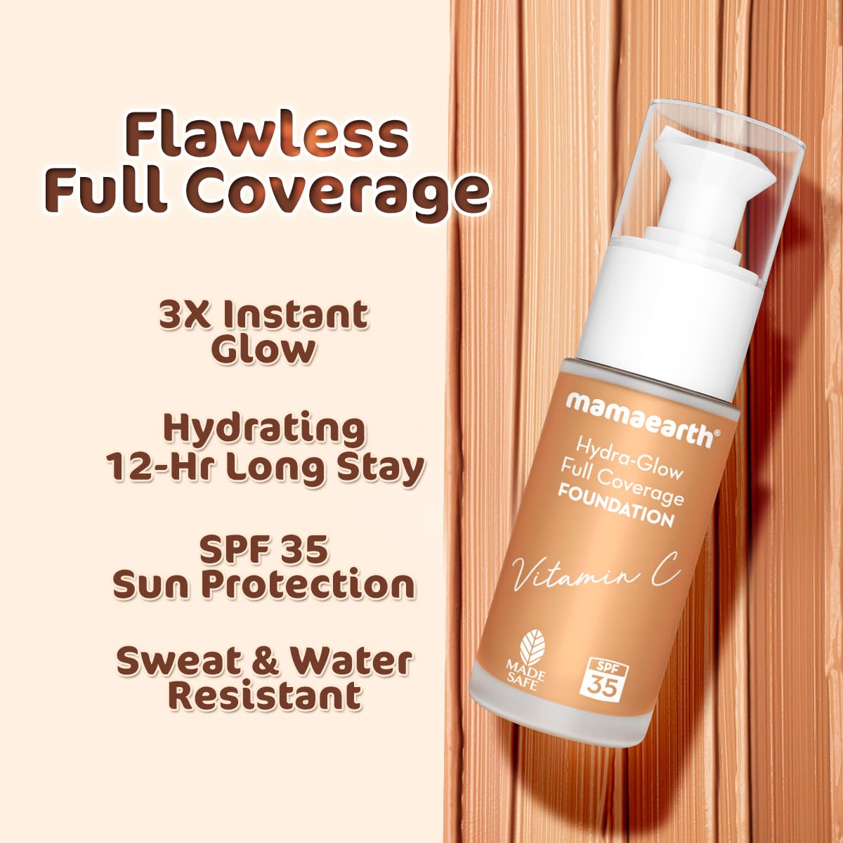Mamaearth Hydra-Glow Full Coverage Dewy Finish Liquid Foundation With Vitamin C & Turmeric- 30 Ml|Full Coverage|Gives 3X Instant Glow|12-Hour Long Stay & Hydration|Spf 35|Non-Drying (04 Sun Glow)