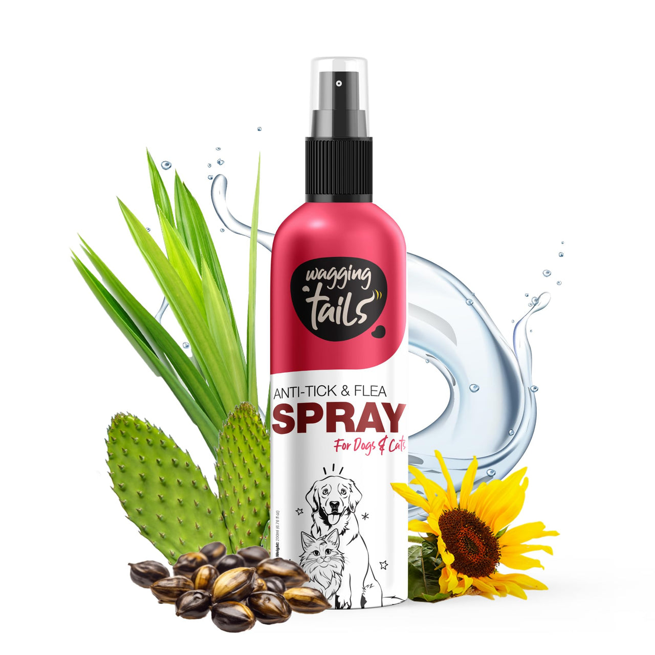 Wagging Tails Anti-Tick & Flea Spray for Dogs & Cats - 200ml | Reduces Flea Allergies, Ticks & Skin Irritations | Natural Ingredients, Easy to Apply | Non-Toxic, Safe for Pets