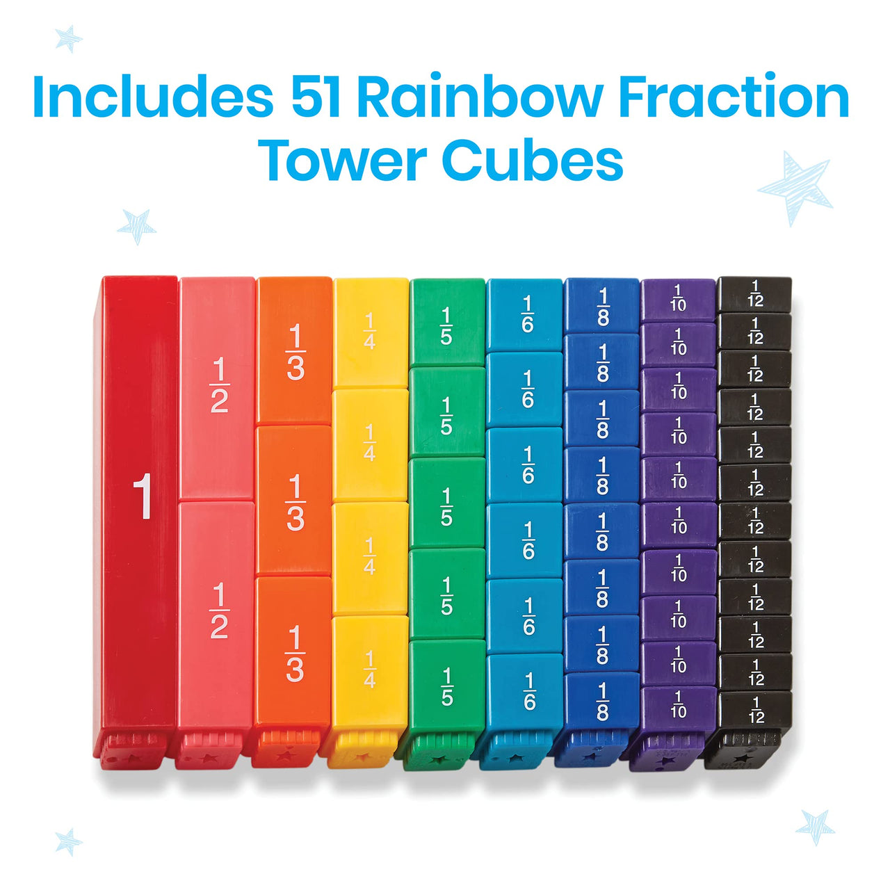 hand2mind Plastic Rainbow Fraction Tower Cubes Montessori Math Materials for Kids to Learn Fraction Equivalence Math Manipulatives 4th Grade Fraction Cube, Homeschool Supplies (Set of 51)