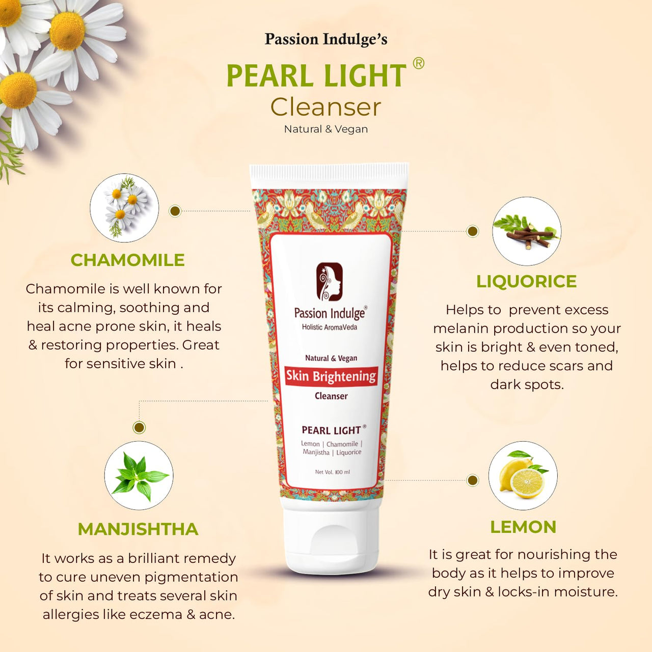 Passion Indulge Natural Pearl Light Cleanser 100ml & Rose Water for Makeup Remover 200ml Combo Pack For Clear Complexion, Skin Brightening
