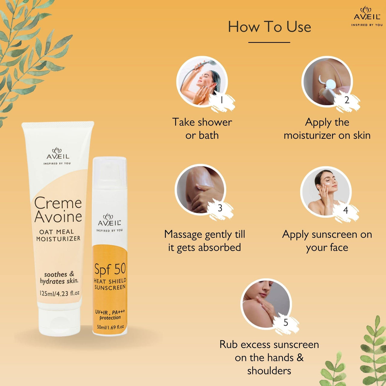 AVEIL Creme Avoine Moisturiser 125 Ml & Heat Shield SPF 50 Gel Sunscreen 50 ml Combo Pack For Soothing & Hydrating | Paraben & Paraffin Free | Dermatologically Tested For All Skin Types