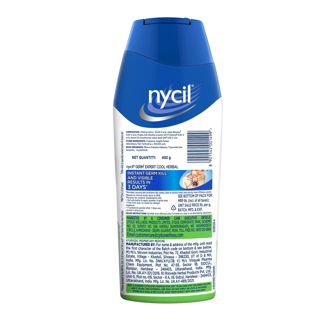 Nycil Germ Expert Cool Herbal Prickly Heat and Cooling Powder - 400 g | Get Relief from Skin Problems (Pack of 2)