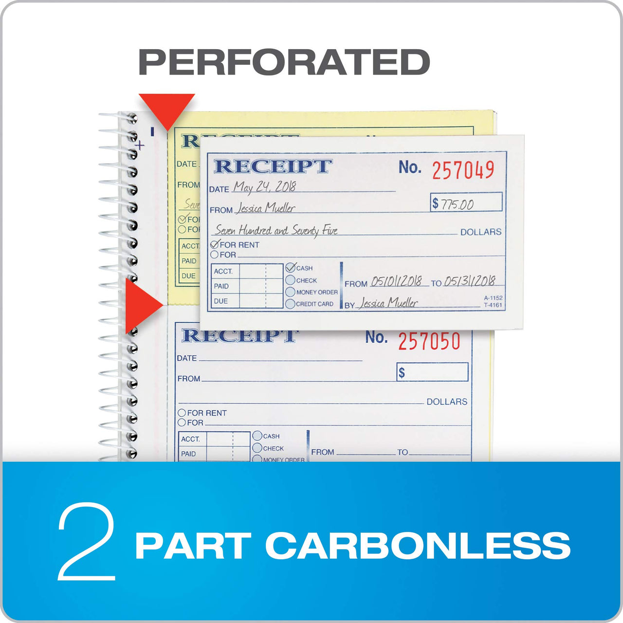 Adams Money and Rent Receipt Book, 2-Part Carbonless, 5-1/4" x 11", Spiral Bound, 200 Sets per Book, 4 Receipts per Page (SC1152) Smaller pack