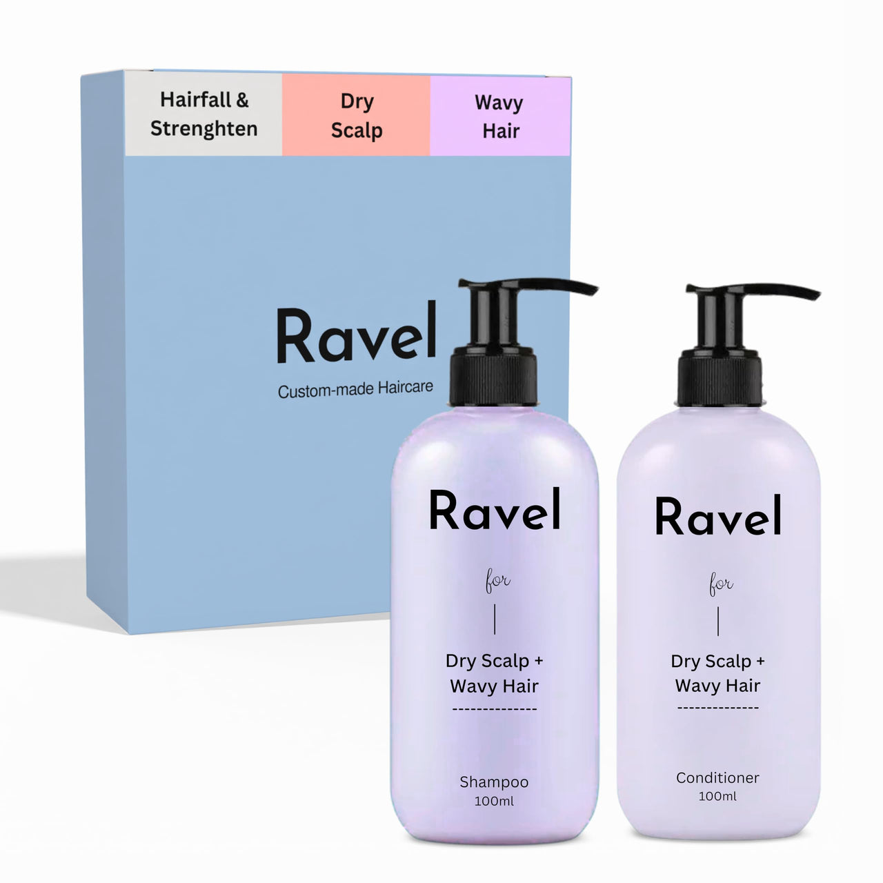 Ravel Customized Hair Fall Control & Strengthen Regimen for Dry Scalp + Wavy Hair, Tailored for Dry/Normal/Oily Hair, 2-Product Kit - Shampoo +Conditioner, Damage repair, Hairfall & Frizz - 100ml X 2