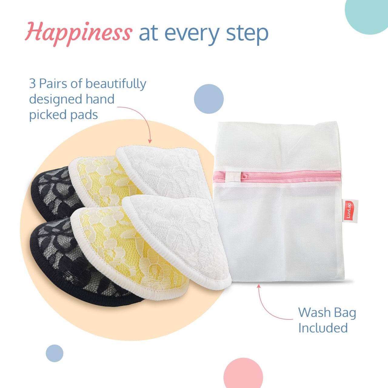 LuvLap Natural Bamboo Washable Nursing Breast Pads for Breast feeding mothers, Beautiful Lace Style, Contoured Shape for snug fit, Nipple Pad, Includes Laundry Bag, Super absorption, 6Pc