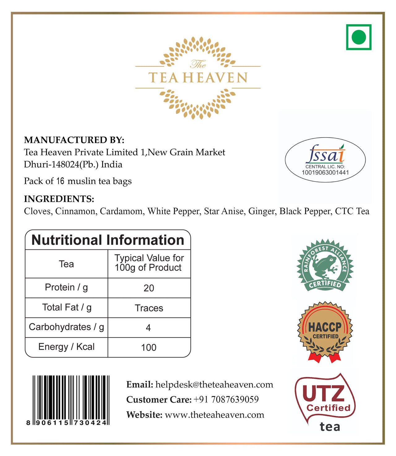 The Tea Heaven | Tea Gift - Masala Chai-Treats Cold and Cough- 100% Natural Ingredients- 17 Tea Bags (16+1 Free Sample)