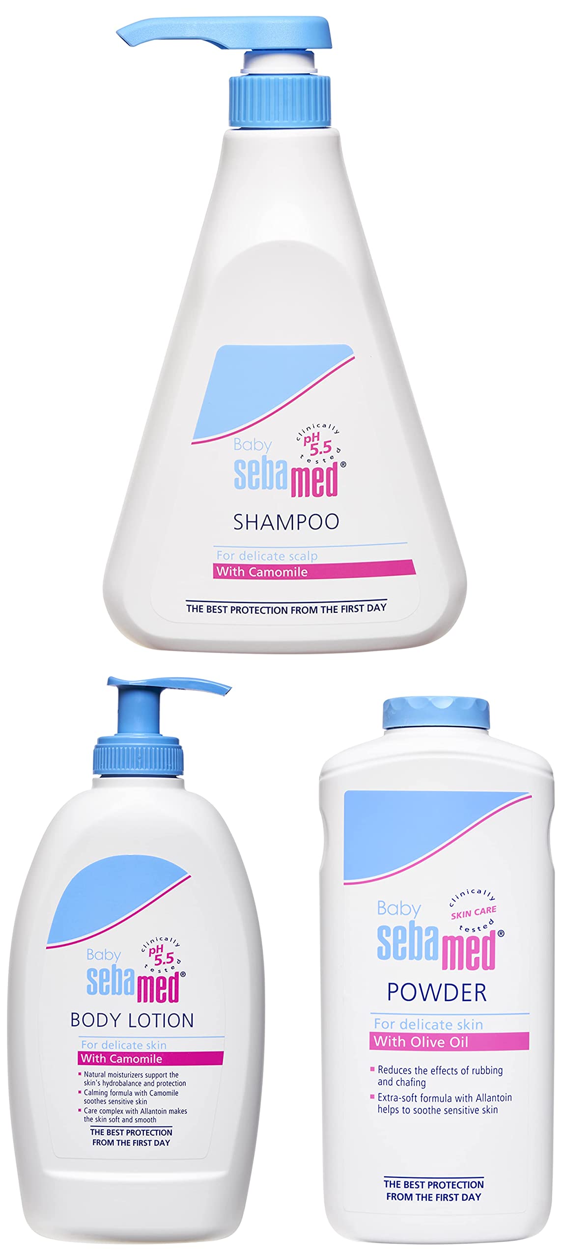 Sebamed Baby Body Lotion 400 ml & Allantoin| Dermatalogically tested| Sensitive skin & Baby Shampoo 500ml|Ph 5.5| Camomile|Natural moisturisers & Baby Powder 400g