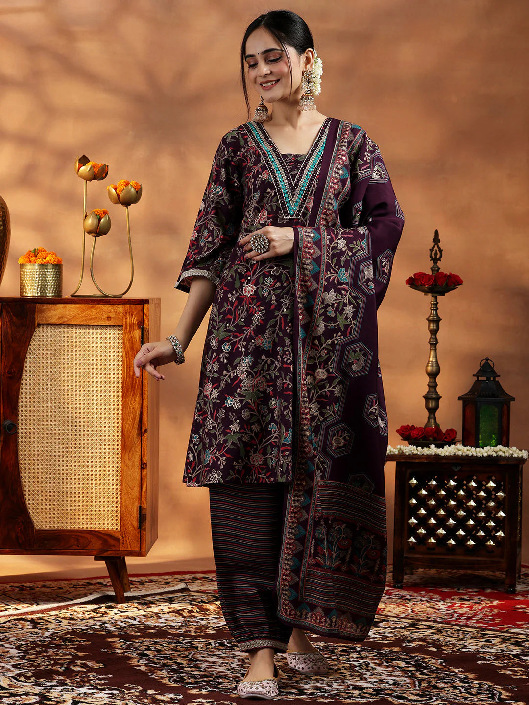 Wine Printed Silk Blend A-Line Kurta with Salwar & Dupatta
