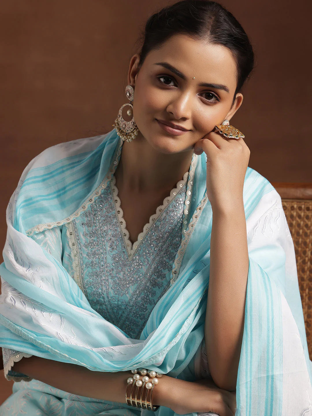 Blue Printed Cotton Straight Suit with Dupatta