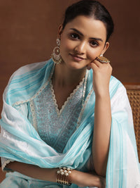 Blue Printed Cotton Straight Suit with Dupatta