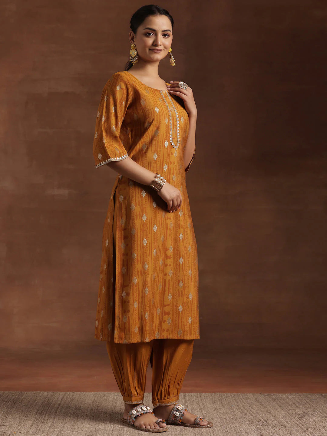 Mustard Woven Design Silk Blend Straight Suit with Dupatta