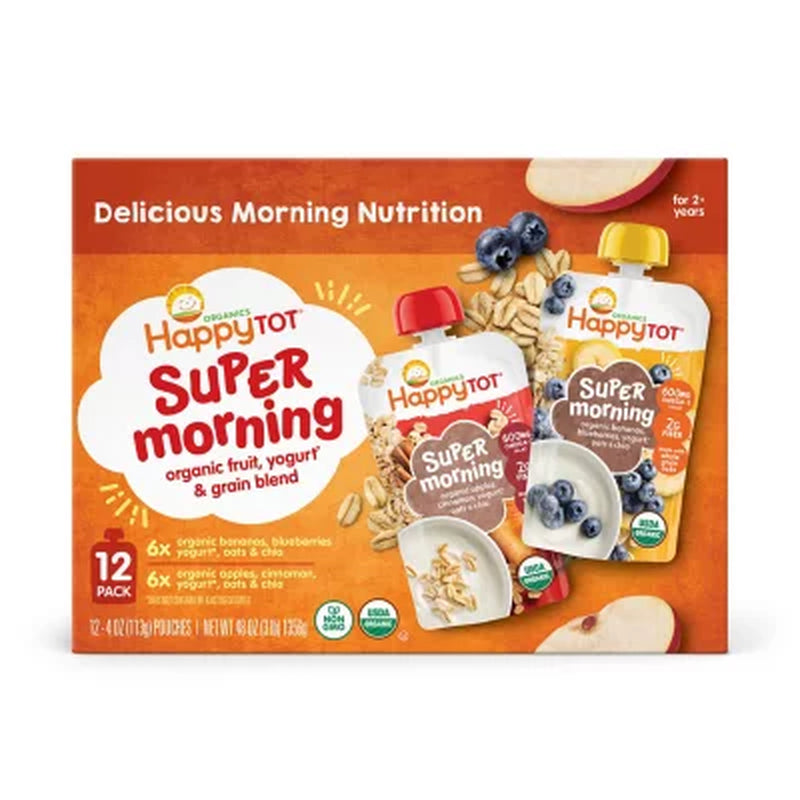Happy Tot Super Morning Pouch, Apple Cinnamon and Blueberry Banana (4 Oz., 12 Ct.)