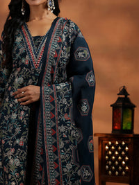 Blue Printed Silk Blend A-Line Kurta with Salwar & Dupatta