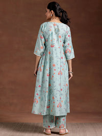 Blue Printed Silk Blend A-Line Kurta with Trousers