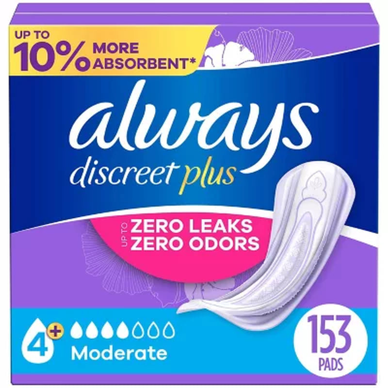 Always Discreet plus Incontinence Pads for Women, Moderate, 153 Ct.