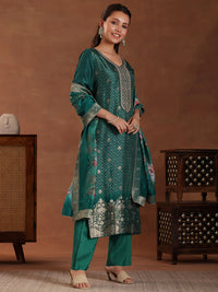 Green Printed Silk Blend Straight Suit with Dupatta
