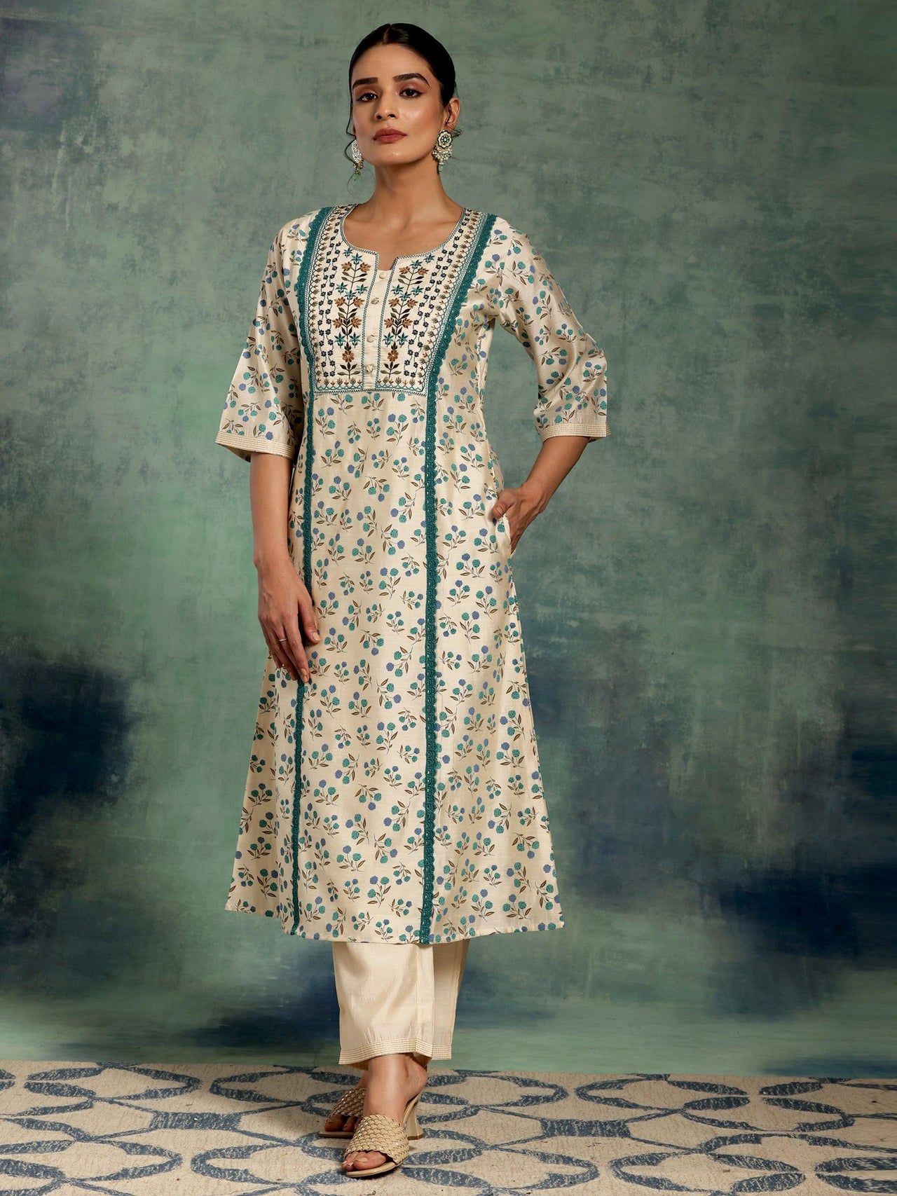 Beige Printed Chanderi Silk A-Line Kurta with Palazzos