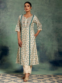 Beige Printed Chanderi Silk A-Line Kurta with Palazzos