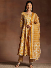 Mustard Printed Cotton Anarkali Suit with Dupatta