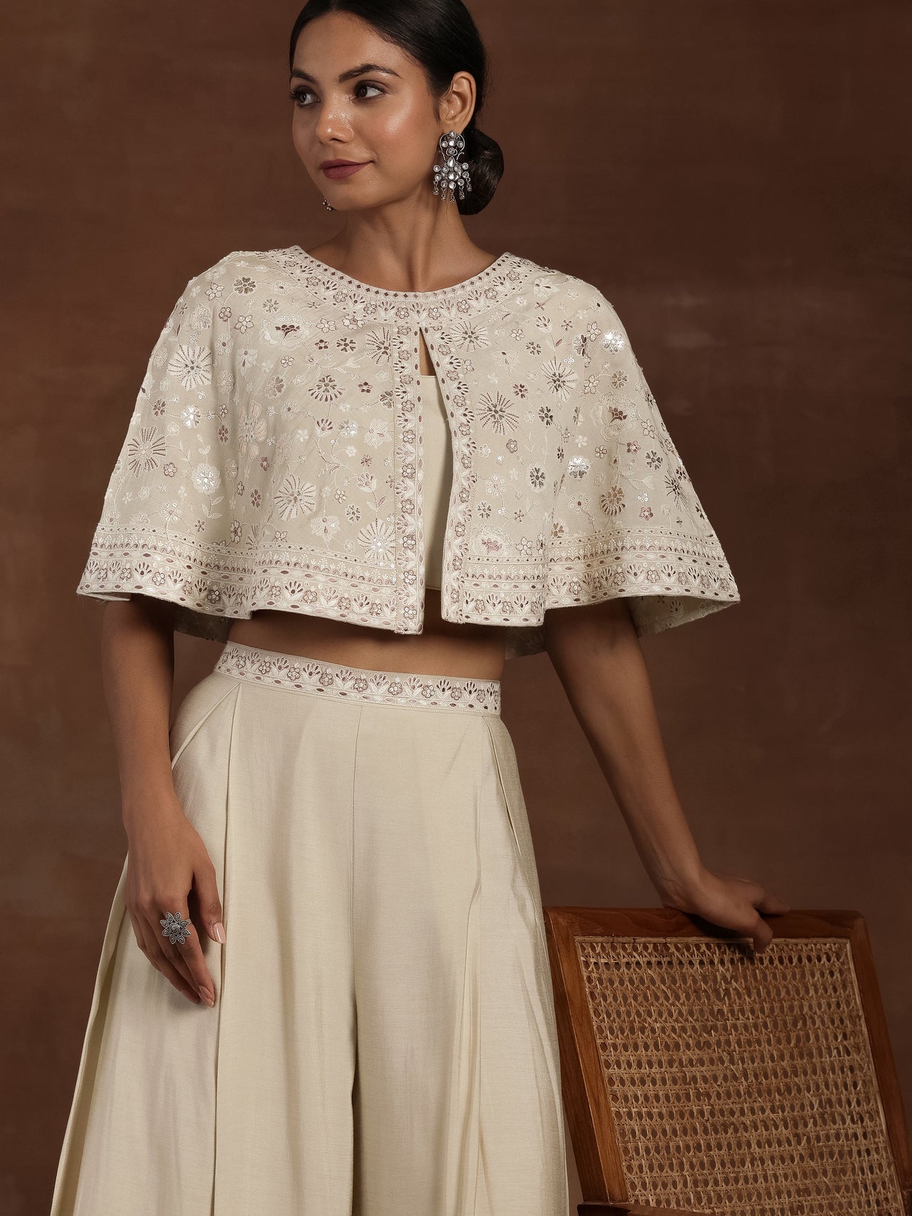 Libas Art Beige Solid Silk Blend 3 Piece Co-Ords