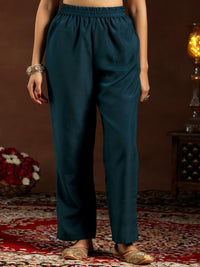 Teal Embroidered Silk Blend Straight Suit with Dupatta