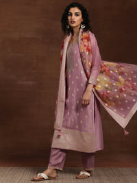 Mauve Woven Design Silk Blend Straight Kurta with Palazzos & Dupatta
