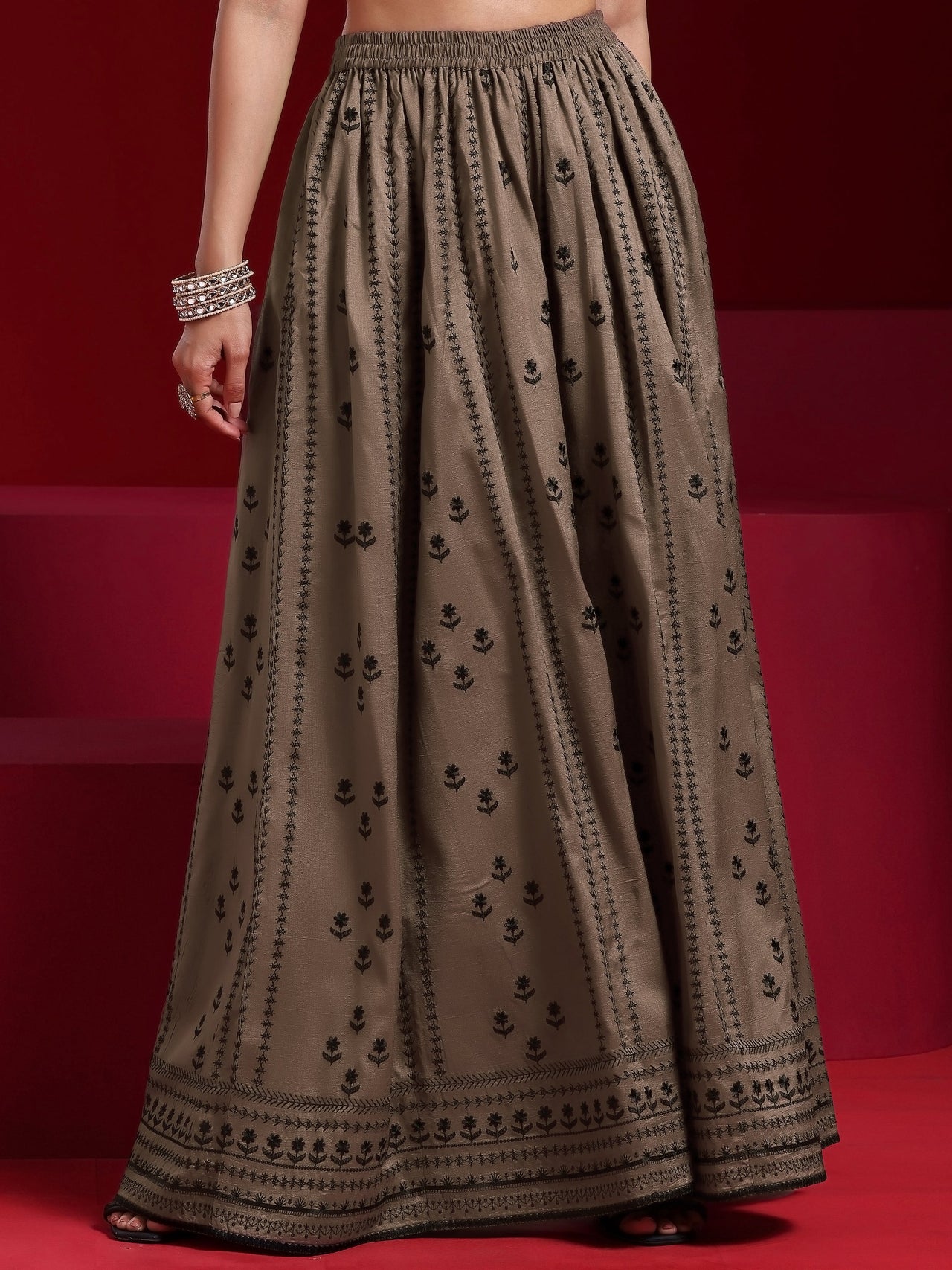 Libas Art Brown Embroidered Silk Blend A-Line Kurta with Sharara & Dupatta