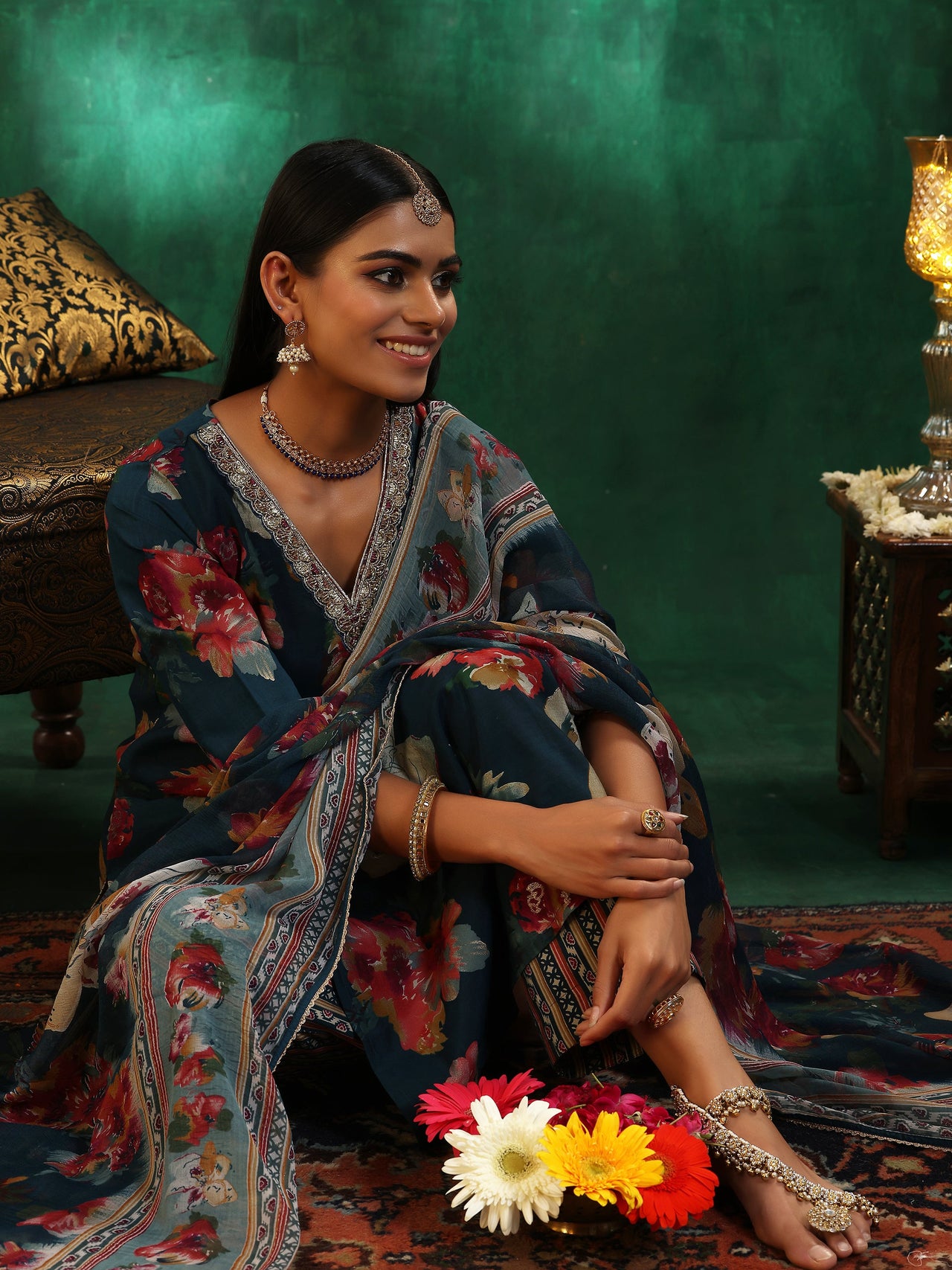 Teal Printed Silk Blend Straight Suit with Dupatta