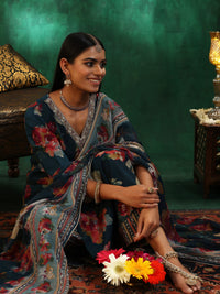 Teal Printed Silk Blend Straight Suit with Dupatta