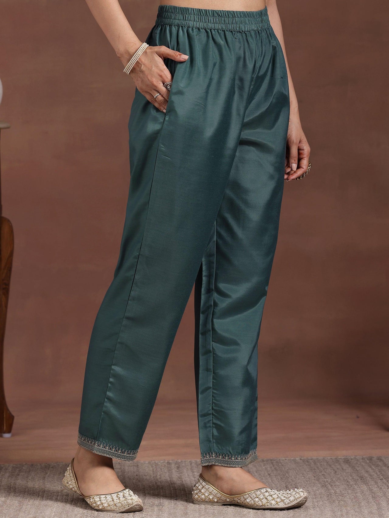 Teal Printed Silk Blend Straight Suit with Dupatta