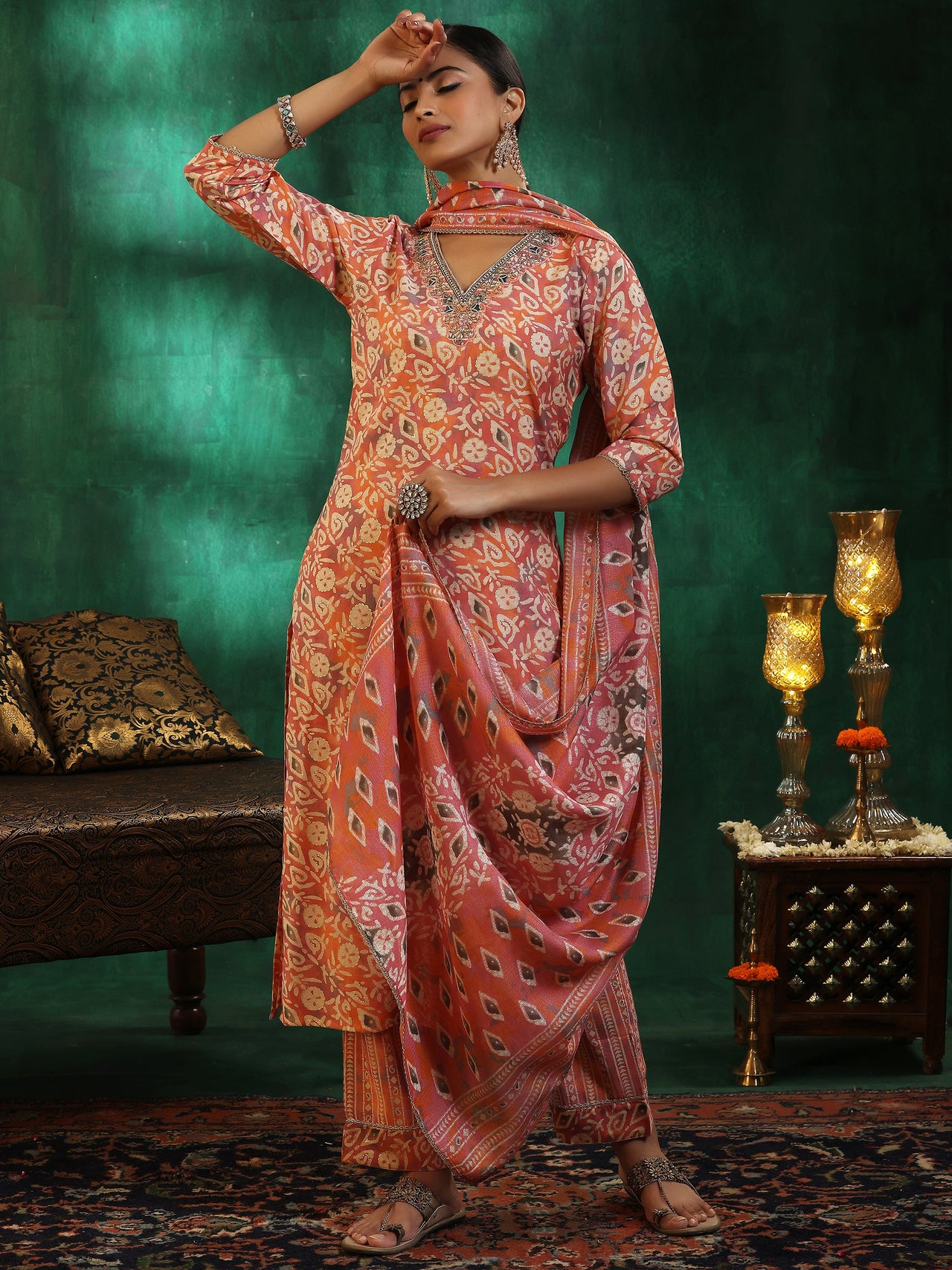 Peach Printed Silk Blend Straight Suit with Dupatta