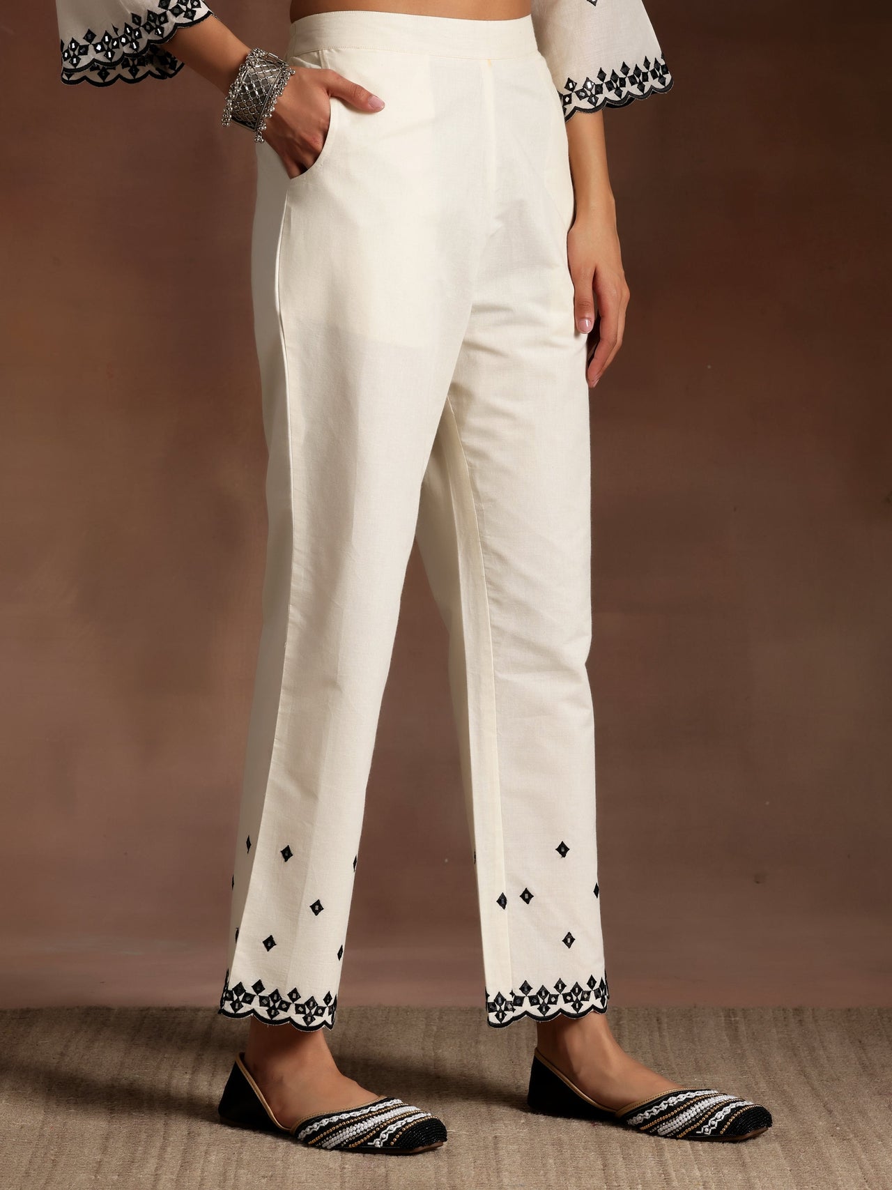 Off White Embroidered Cotton Anarkali Suit with Dupatta