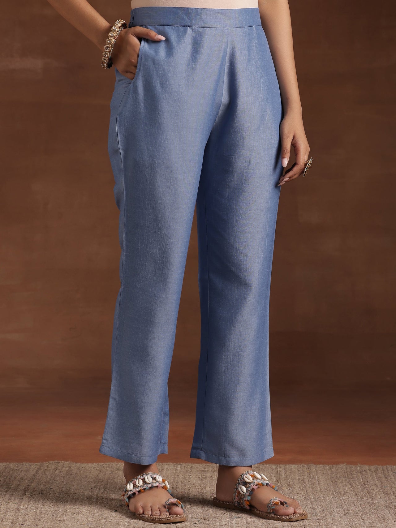 Blue Printed Silk Blend A-Line Kurta with Trousers & Dupatta