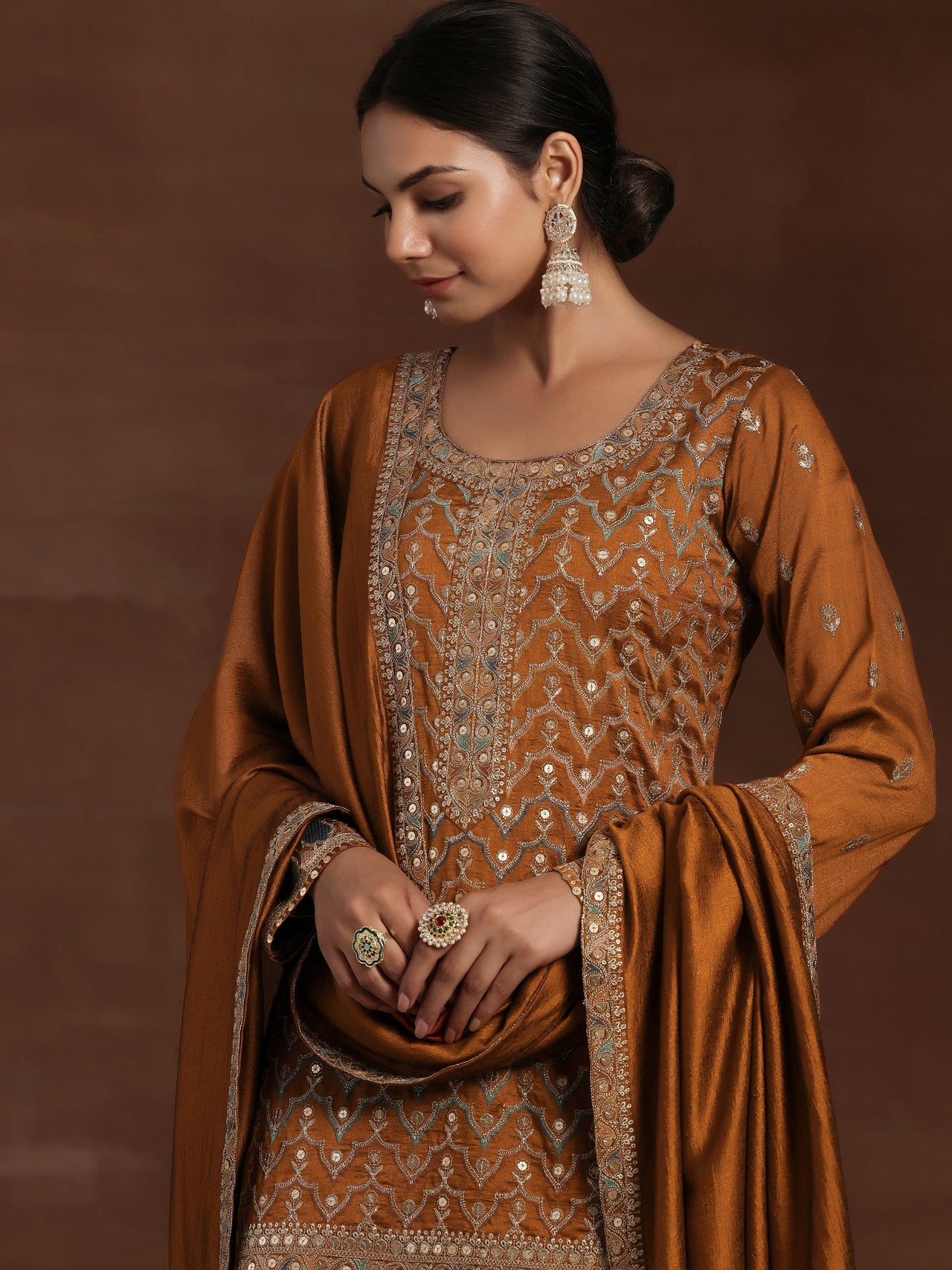 Adaa Rust Embroidered Silk Blend Straight Kurta with Palazzos & Dupatta