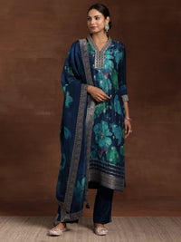 Blue Printed Silk Blend Straight Suit with Dupatta