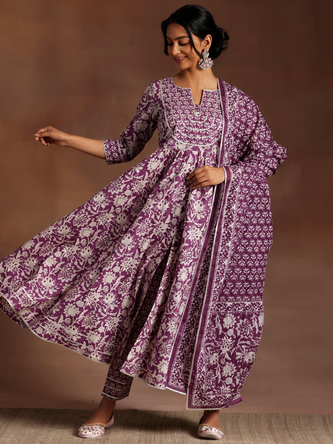 Purple Printed Cotton Anarkali Suit with Dupatta