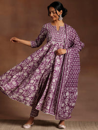Purple Printed Cotton Anarkali Suit with Dupatta