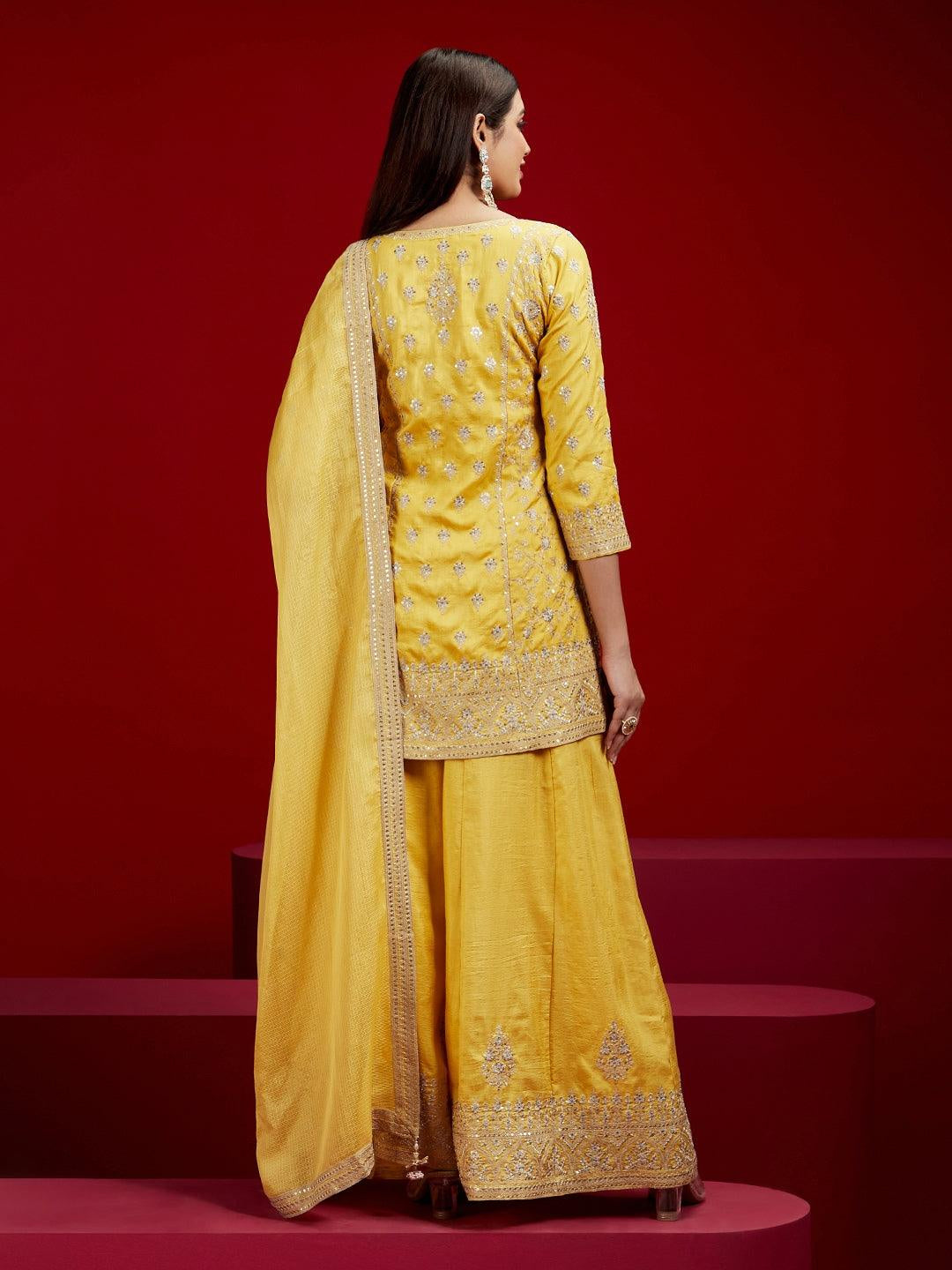 Libas Art Yellow Embroidered Silk Straight Suit with Dupatta